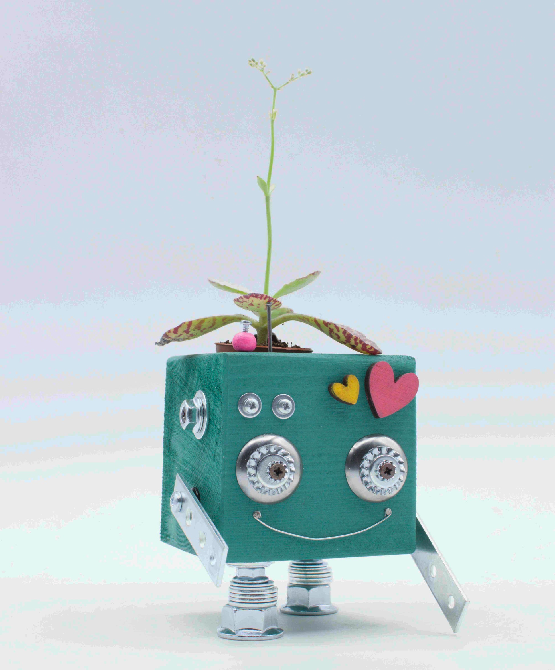 Vaso a forma di robot mint verde in legno fatto a mano con occhi metallici argento bocca sorridente e cuori decorativi
